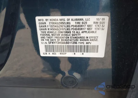 2010 Honda Pilot Ex-L z USA, uszkodzony, nr VIN 5FNYF3H58AB011396